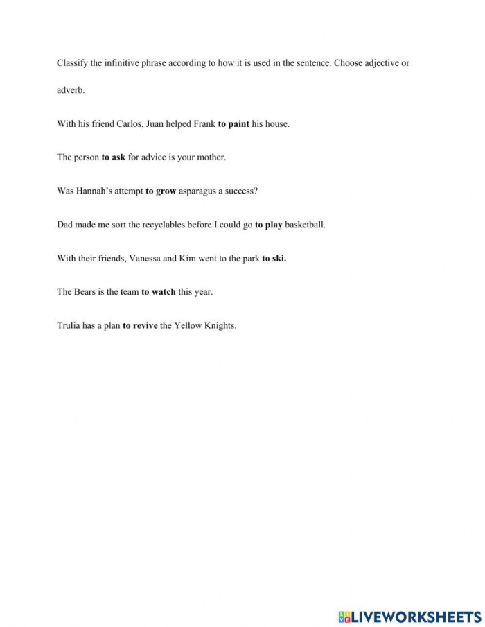 Infinitives and infinitive phrases worksheet for seventh-grade grammar practice