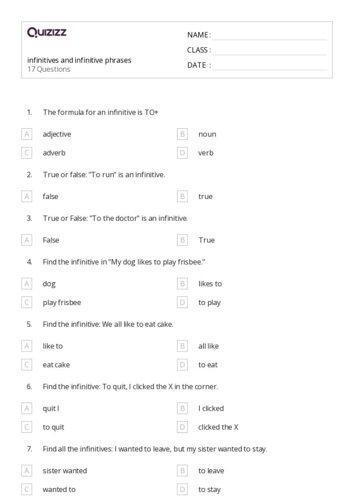 Worksheet featuring exercises on infinitives and infinitive phrases for seventh graders
