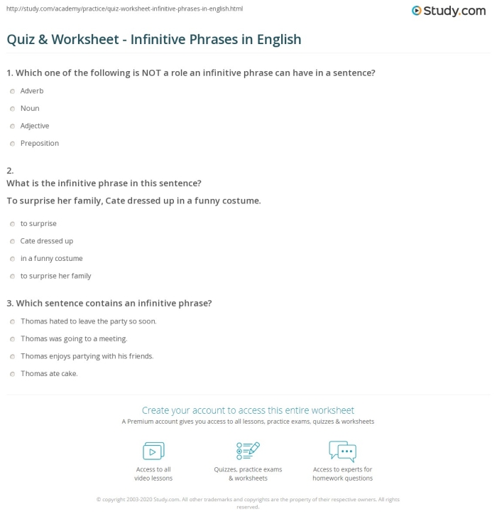 Infinitives and infinitive phrases worksheet for seventh graders focusing on grammar skills