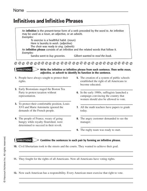 Infinitives and infinitive phrases worksheet for seventh-grade grammar practice
