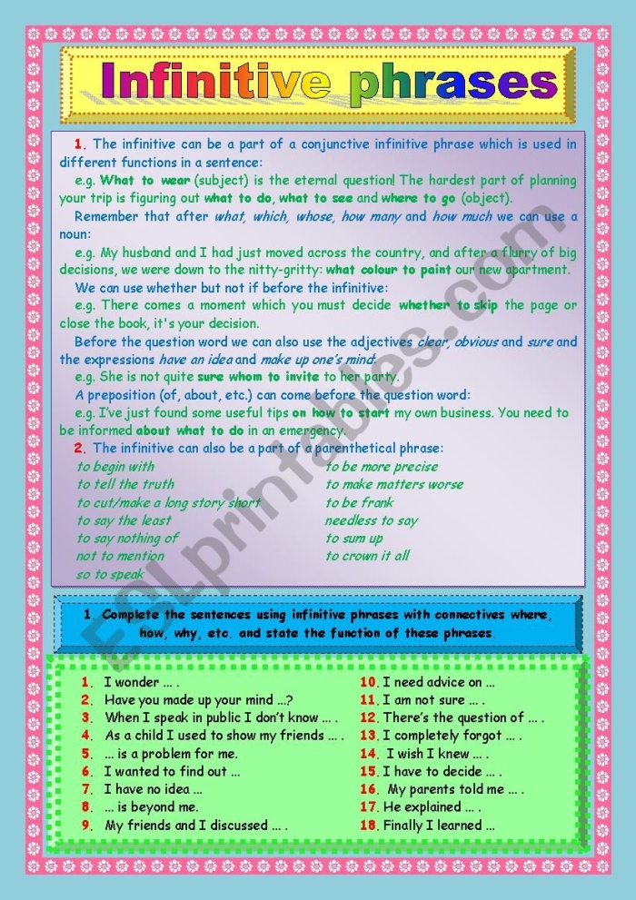 Infinitives and infinitive phrases worksheet for seventh-grade grammar practice