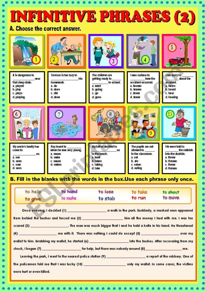 Infinitives and infinitive phrases worksheet for seventh graders focusing on grammar skills