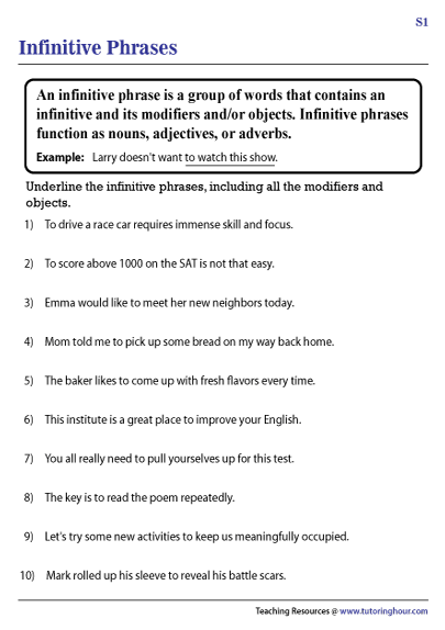 Infinitives and infinitive phrases worksheet for seventh graders focusing on grammar skills