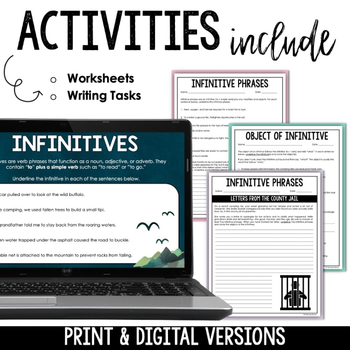 Infinitives and infinitive phrases worksheet for seventh graders focusing on grammar skills