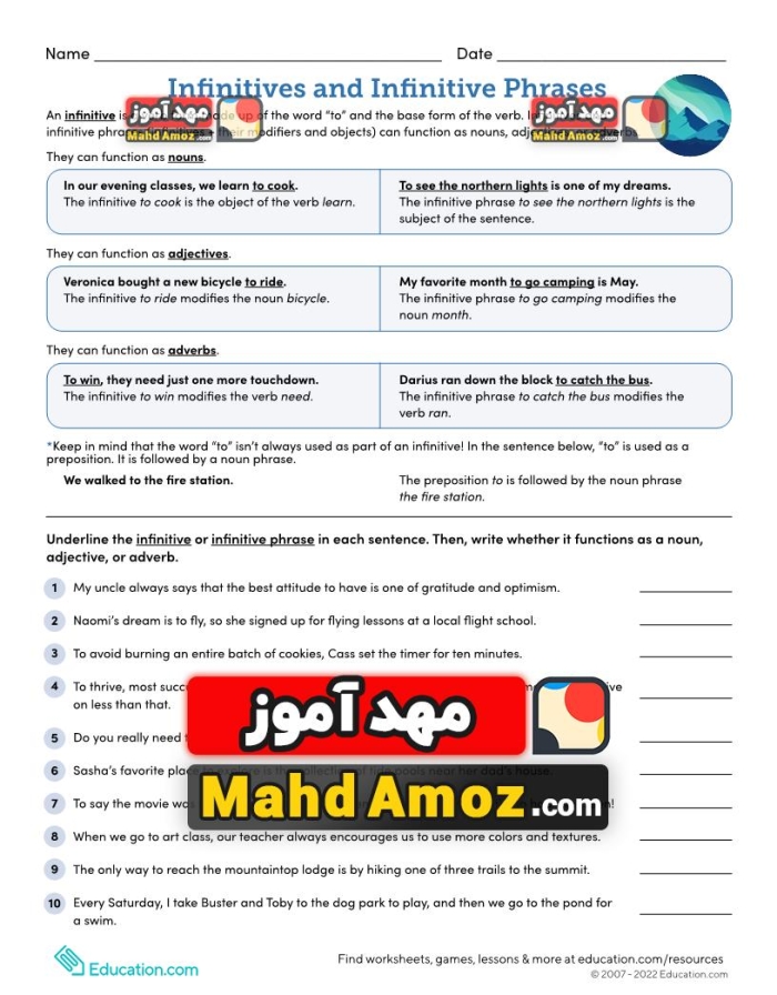 Worksheet focused on identifying infinitives and infinitive phrases for seventh-grade students