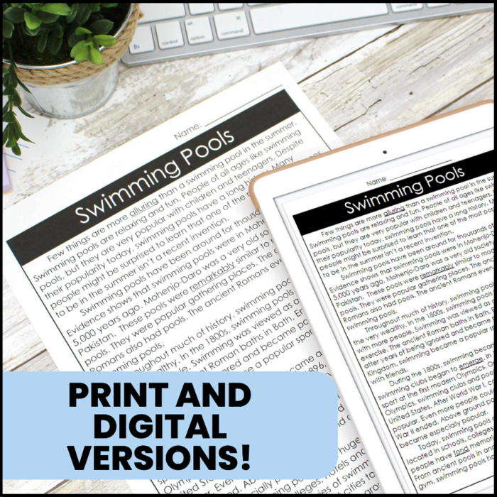 Seventh grade reading comprehension worksheet about the athleticism involved in artistic swimming