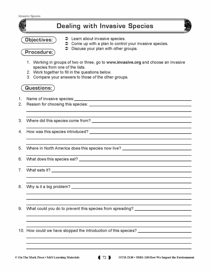 Informational Reading Comprehension worksheet focused on the impact of invasive species for eighth grade students