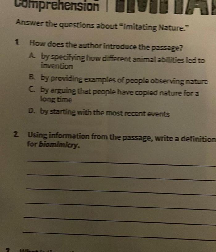 Worksheet featuring informational reading comprehension on biomimicry for sixth graders