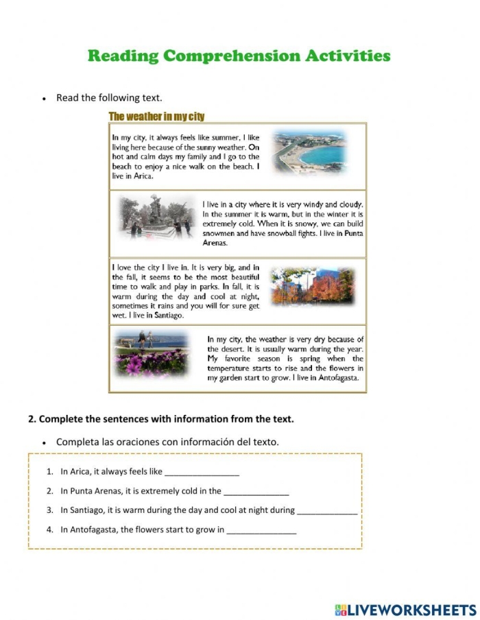 Informational reading comprehension worksheet focused on Chile's geography for sixth graders