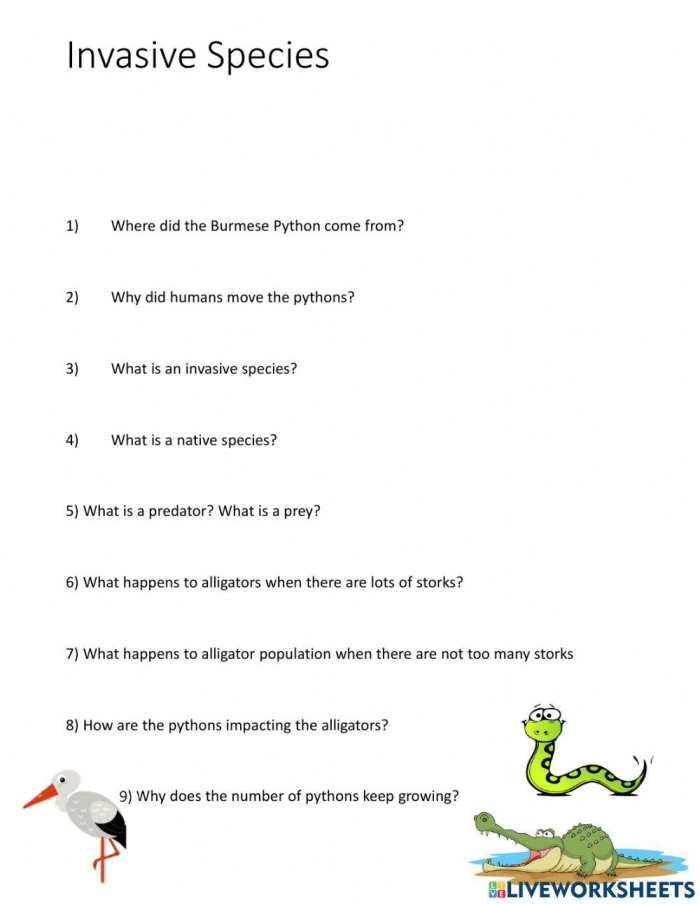 Informational reading comprehension worksheet focused on invasive species and their impact on ecosystems