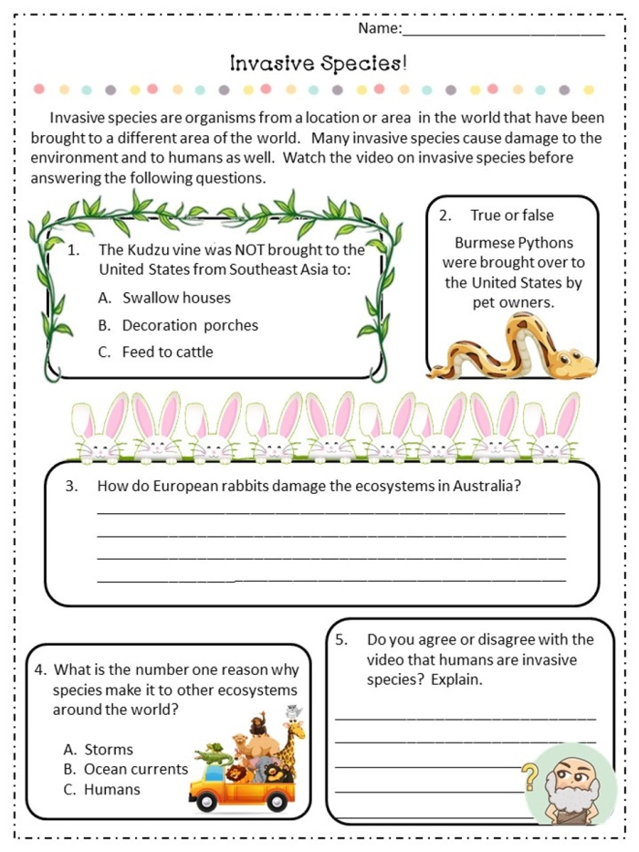 Informational reading comprehension worksheet on invasive species for eighth graders