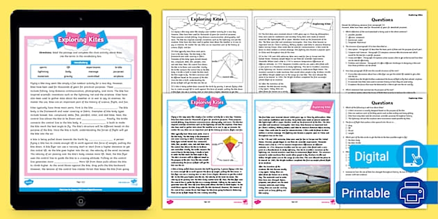 Informational reading comprehension worksheet for sixth graders about the history of kites