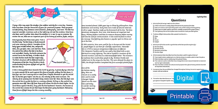 Informational reading comprehension worksheet on kites for sixth-grade students