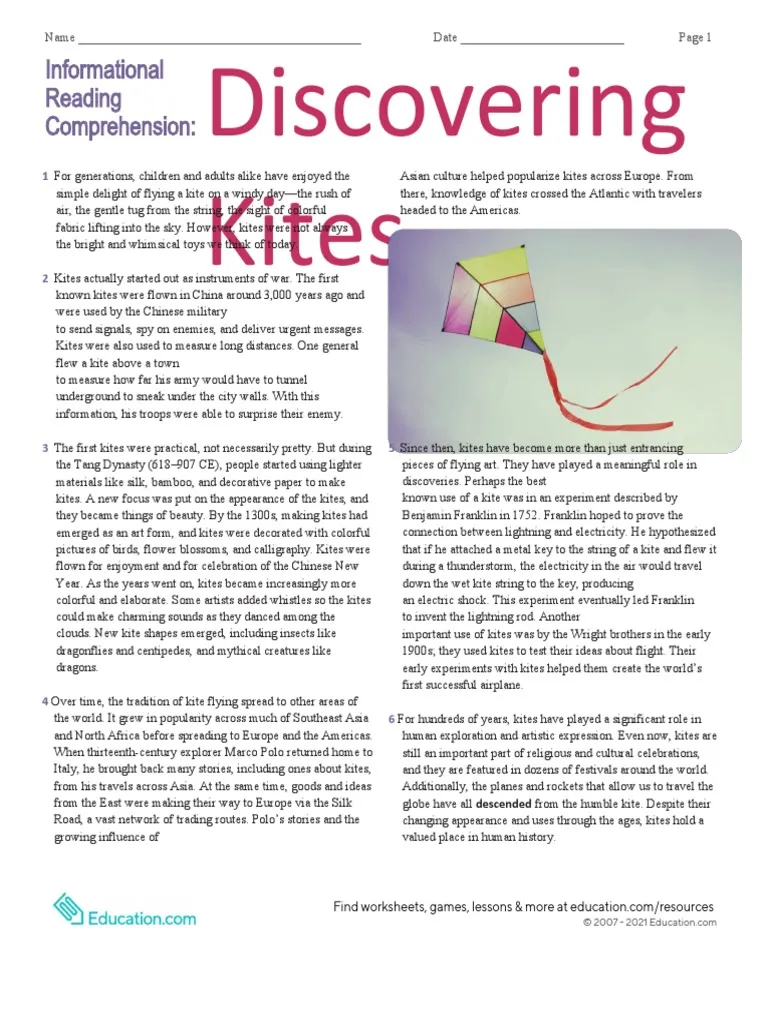 A colorful worksheet page about the history of kites featuring reading comprehension exercises for sixth grade students.