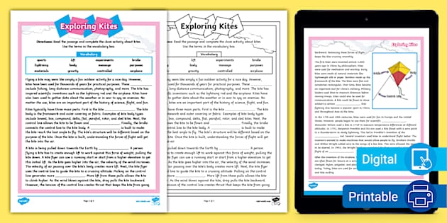 Sixth grade informational reading comprehension worksheet focusing on the history of kites