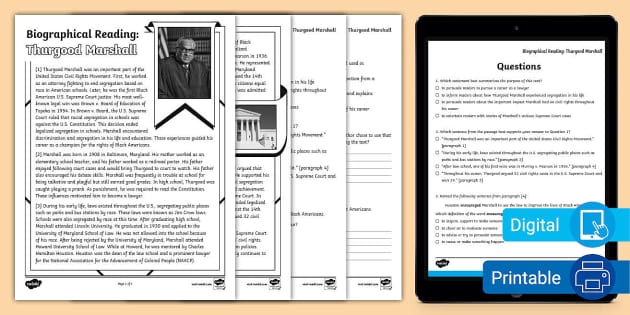 Worksheet featuring reading comprehension activities on the biography of Thurgood Marshall for sixth graders