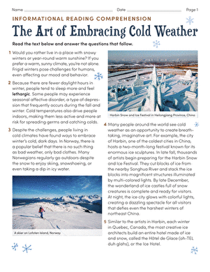 Worksheet showcasing different cultural practices for enjoying winter activities