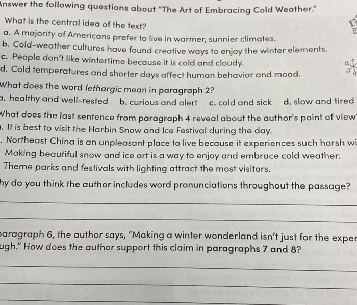 Informational Reading Comprehension worksheet focusing on winter activities worldwide for sixth graders