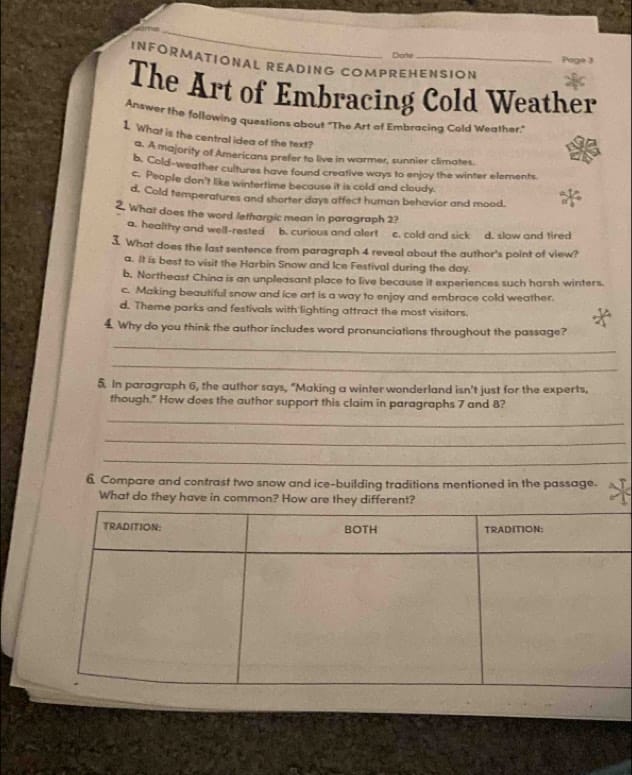 Worksheet featuring the theme of embracing cold weather in winter activities