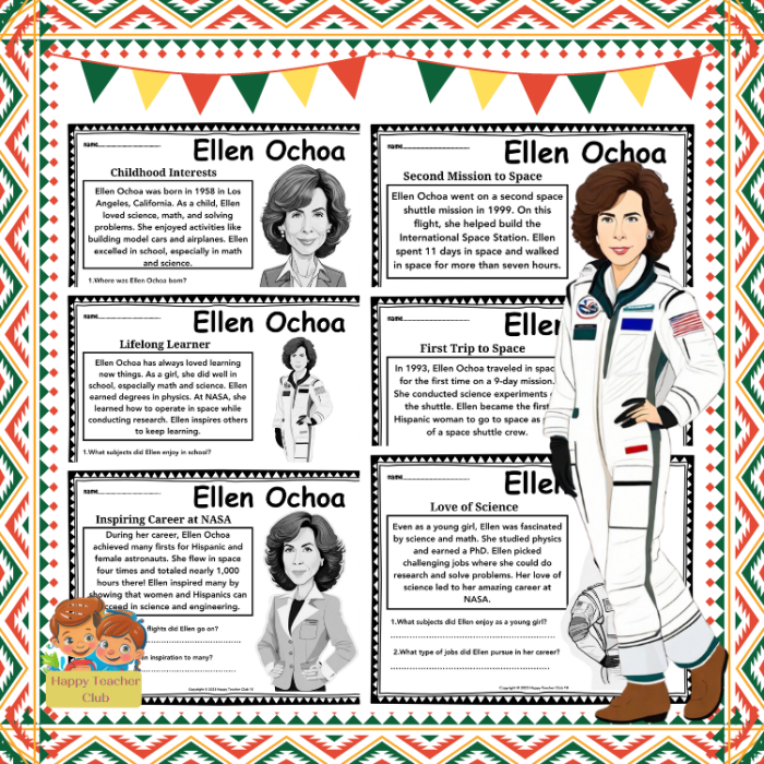 Biography worksheet featuring Ellen Ochoa, the first Hispanic woman in space, for sixth-grade students. Educational resource for enhancing informational reading comprehension skills.