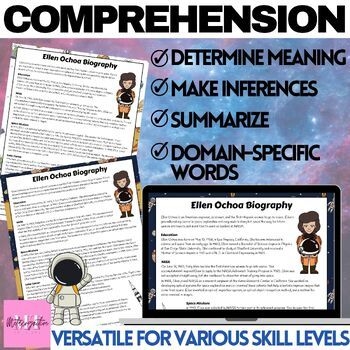 Informational reading comprehension worksheet featuring a biography of astronaut Ellen Ochoa for sixth grade students