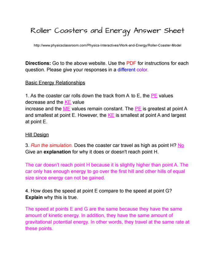 Informational reading comprehension worksheet on the physics of roller coasters for eighth graders