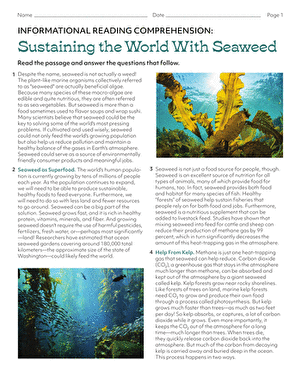 Informational Reading Comprehension Sustaining the World With Seaweed Worksheet 13 Seventh grade reading comprehension worksheet featuring informational text about the environmental benefits of seaweed