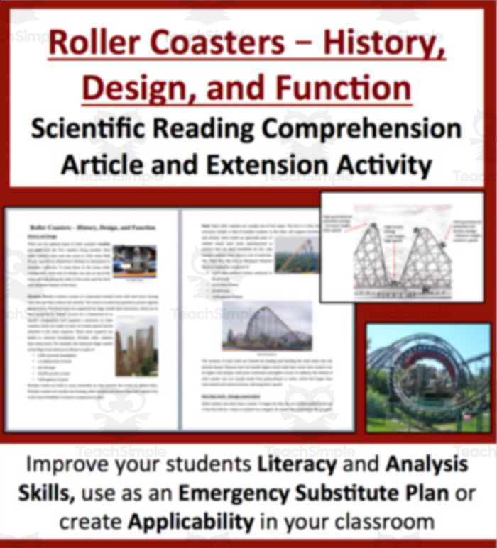 Informational reading comprehension worksheet on the physics of roller coasters for eighth graders
