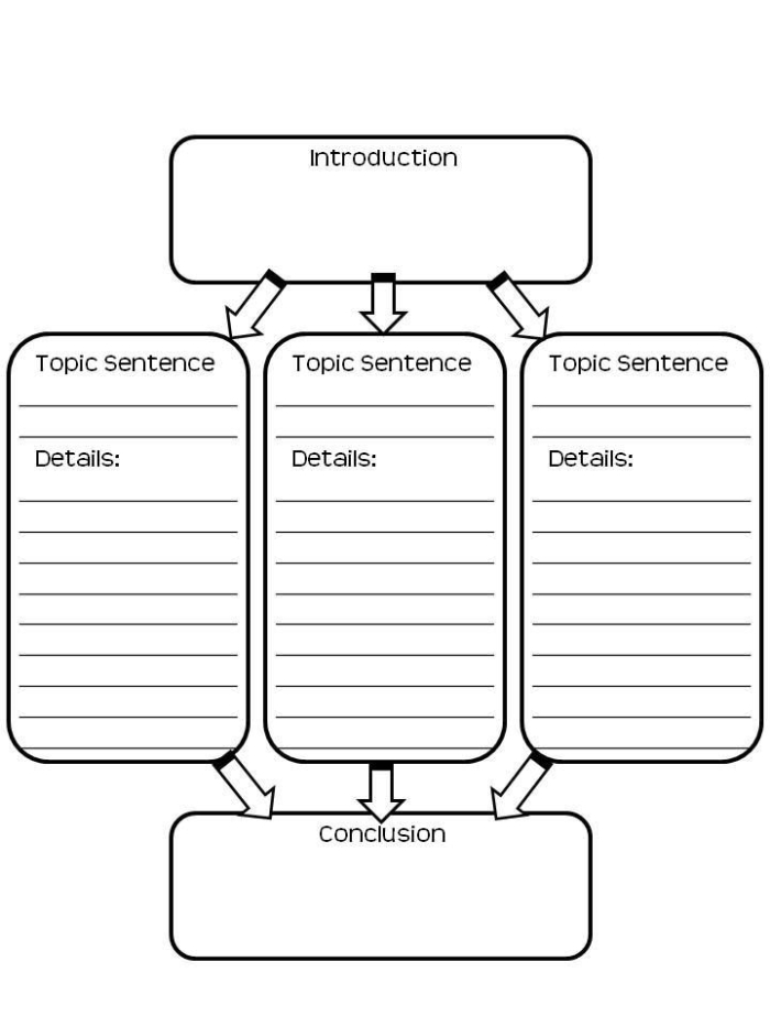 Graphic organizer for third graders to plan their informational writing, including sections for topic sentence, details, and conclusion. Informational Writing Graphic Organizer Worksheet for Grade 3.