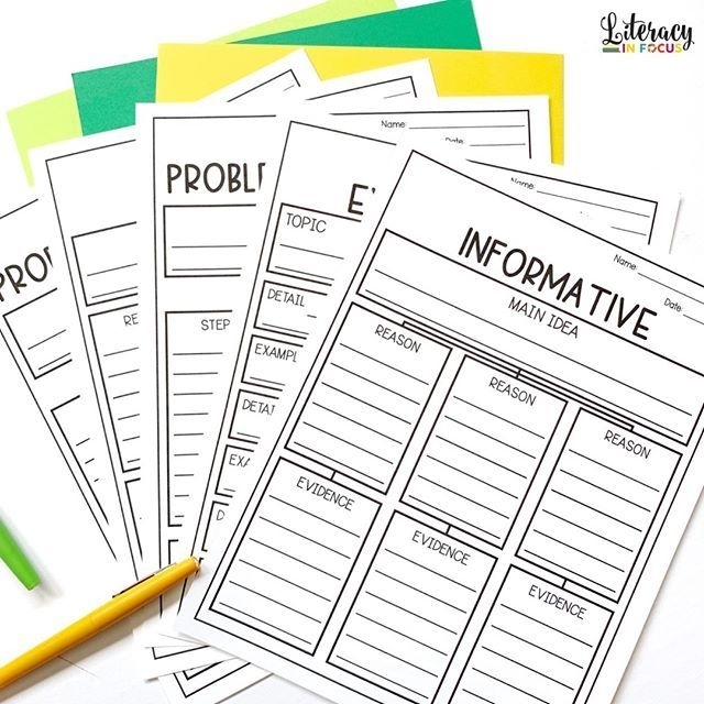 Third grade students completing an informative writing graphic organizer with sections for topic sentences and supporting details