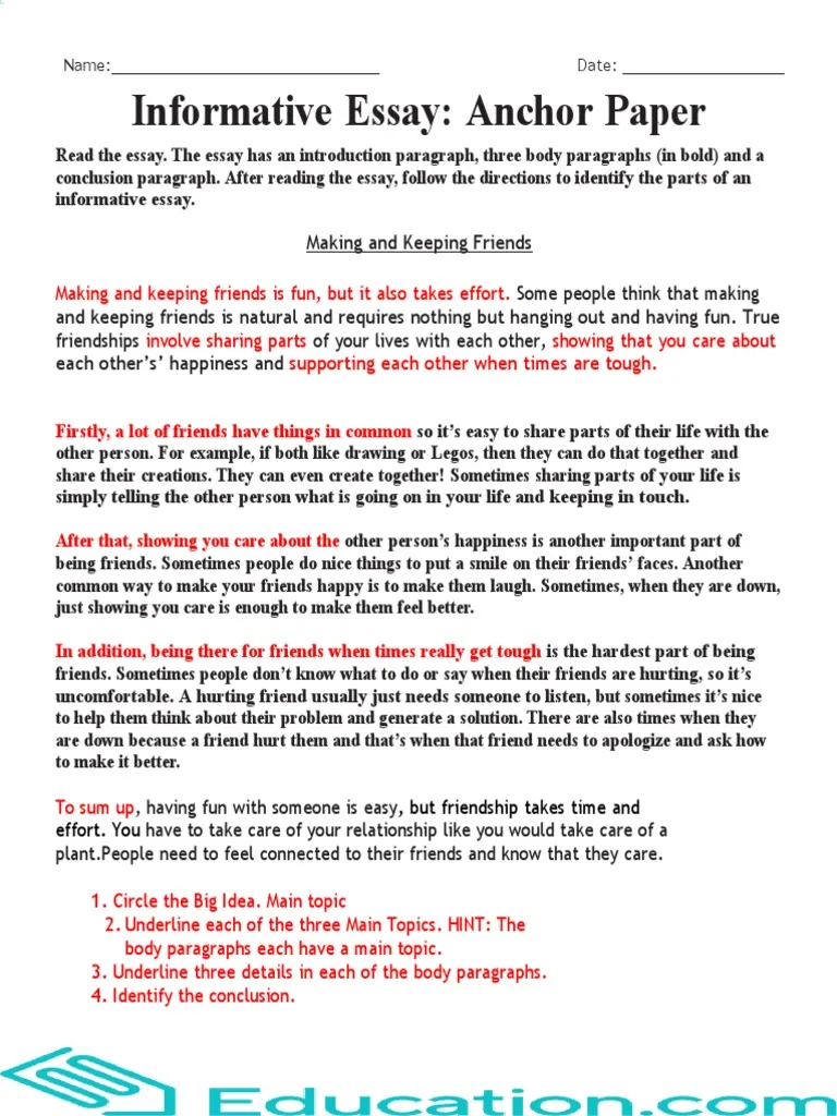 Spelling worksheet for Fourth Grade Anchor Paper worksheet for an informative essay, highlighting key details and concepts for fourth-grade students. Sample essay analysis for fourth graders to enhance their understanding of informative writing.