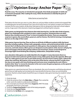 Anchor paper for an informative essay activity aimed at developing writing skills in students Sample informative essay worksheet for fourth graders to analyze key details and main ideas