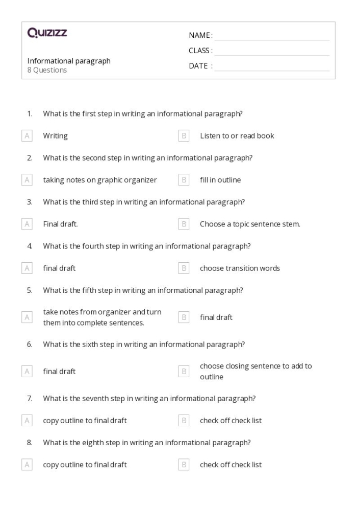 Sample outline and paragraph guide for students to create their own informational writing Detailed worksheet for outlining an informative paragraph for fifth graders