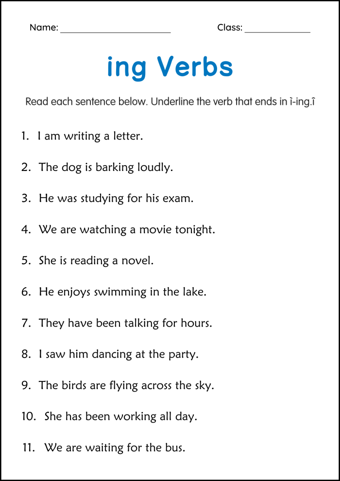 Present Progressive Tense Practice Worksheet for Young Learners Second grade student completing sentences by adding ing to action verbs to show ongoing activities