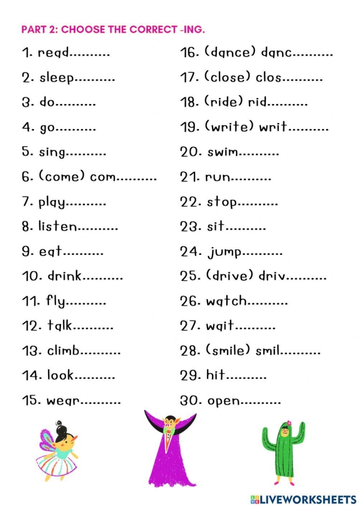 Phonics activity sheet for building present progressive tense skills Second grade worksheet for practicing verb endings by adding ing to base words