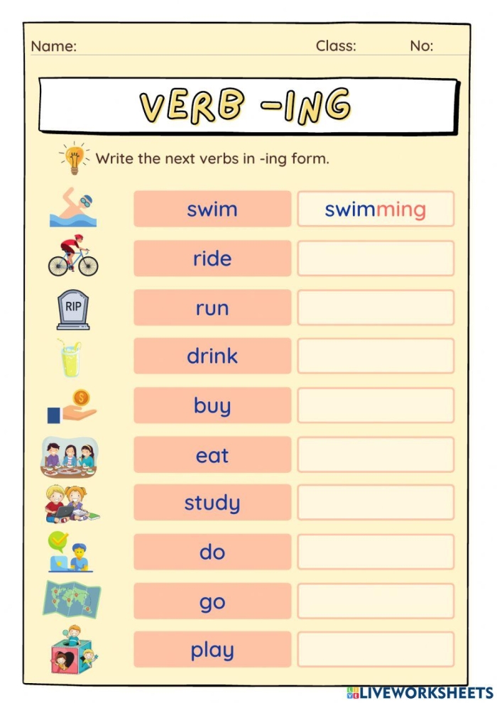 Verbs with ing worksheet for second grade phonics lesson 16 Second grade phonics worksheet for practicing present progressive verbs by adding ing to base words