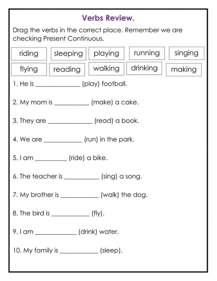 Present Progressive Tense Worksheet 17 with Verb Conjugation Exercises Child completing sentences by adding -ing to action verbs for second grade phonics practice
