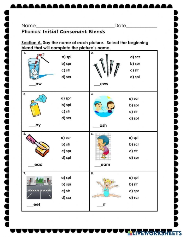 Blend at the Beginning worksheet for practicing initial blends with young learners