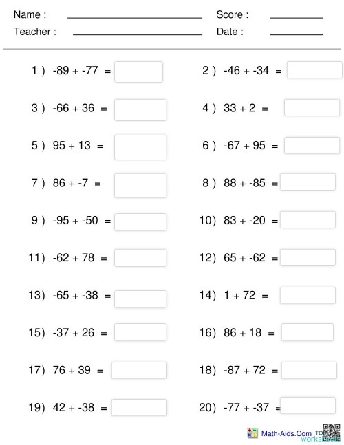 Integer Addition Rules worksheet for seventh-grade math students