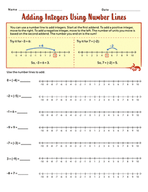 Seventh grade student using a number line to add positive and negative integers together on a math worksheet
