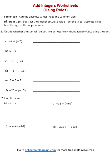 Seventh grade math worksheet featuring practice problems for applying integer addition rules