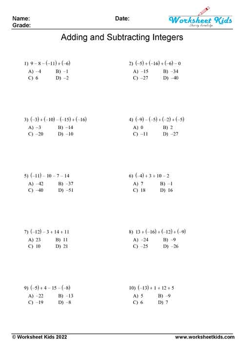 Integer Addition Rules worksheet for seventh-grade students learning about operations with integers