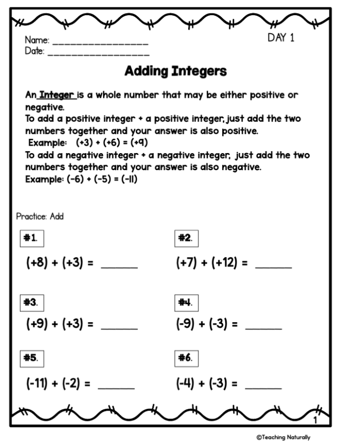 Integer Addition Rules worksheet for seventh-grade students learning about operations with integers. Educational resource for teaching ratios and proportions concepts.