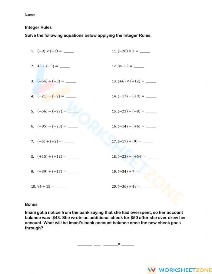 Worksheet demonstrating integer addition rules for seventh-grade students