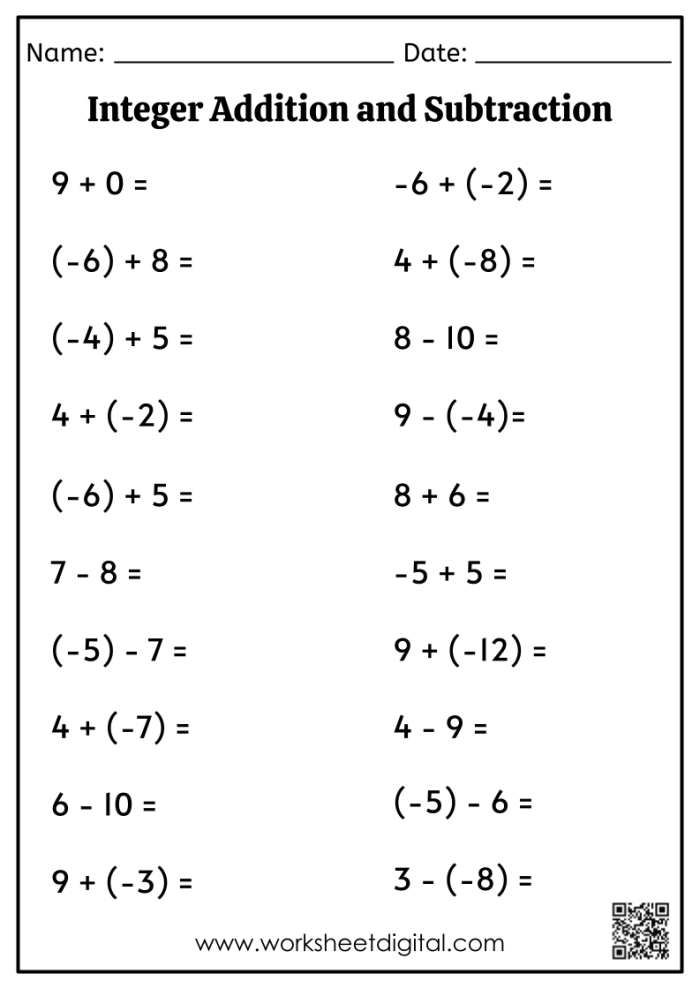 Seventh grade student practicing addition of positive and negative numbers on a math worksheet