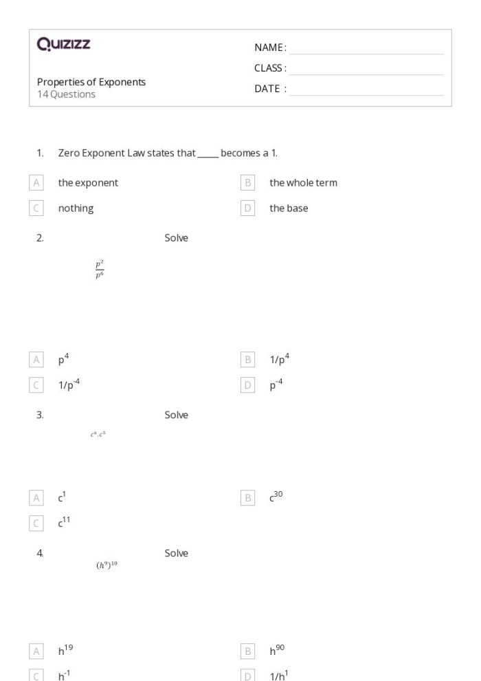 Eighth-grade math worksheet focusing on the properties of integer exponents for student practice