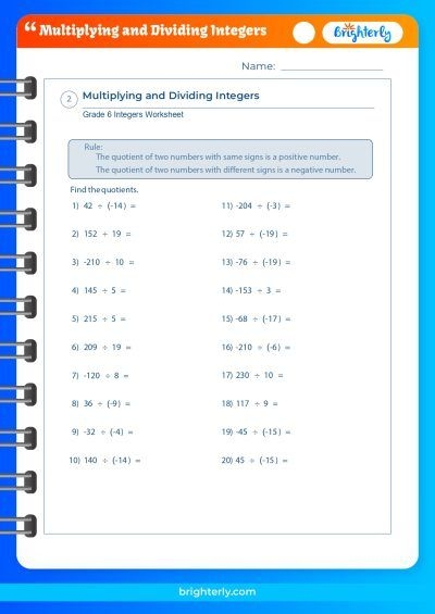 Seventh grade students working on multiplying and dividing integers worksheet number fourteen