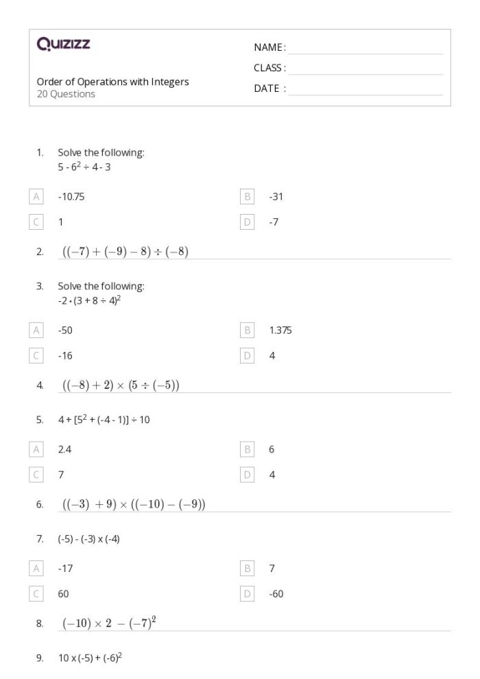 Guide to integer operations with positive and negative numbers for classroom learning Integer operation rules handout showing addition subtraction multiplication and division examples for seventh grade math students