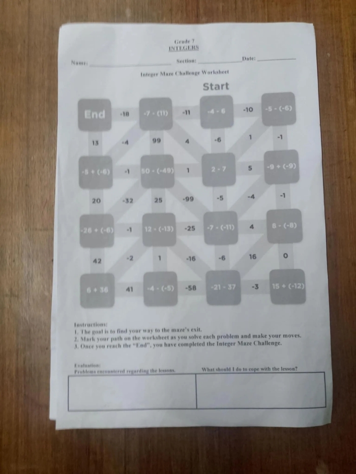 Integer Operations Maze Challenge Activity for Middle School Math Practice Seventh grade student solving mixed integer operations to navigate through a challenging maze puzzle