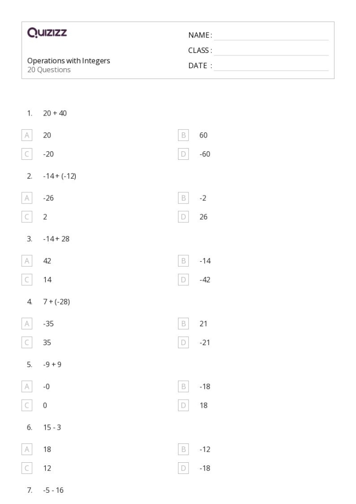 Integer Operation Rules Handout Worksheet Number 15 for Middle School Math Students Seventh grade math worksheet featuring a reference guide for integer addition subtraction multiplication and division rules